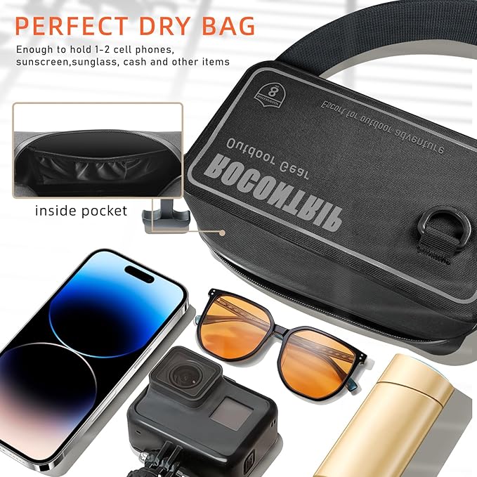 ROCONTRIP 100% Waterproof Dry Bag, Dry Waist Pack with Airtight Zipper Adjustable Strap Sling Bag Lightweight Crossbody Dry Bag for Kayaking Snorkelling and Swimming