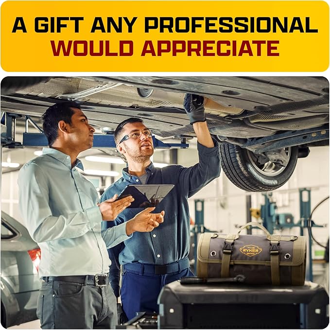 The Ryker PRO Official Roll Up Tool Bag Organizer Gifts for Dad. Motorcycle Tool Bag Organizer for Mechanic & Tools Storage Toolbag Tools Bags Mens gifts for him - w/4 Detachable Pouches & Wrench Roll