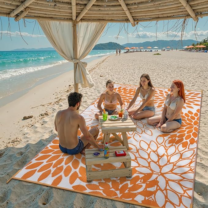 Anidaroel Outdoor Rugs 6x9ft for Patios Clearance Waterproof, Reversible Tropical Plastic Straw Camping Mat Outside Rug, Large Outdoor Area Rug for RV, Porch, Deck, Balcony, Picnic(Orange,6'x9')