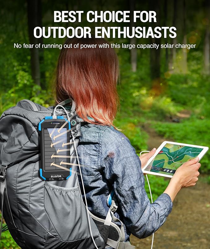 BLAVOR Solar Charger Power Bank 10,000mAh, Portable Wireless Charger, 20W Fast Charging External Battery Pack with USB C for Cell Phones, Solar Panel Charger with Dual Flashlight for Camping