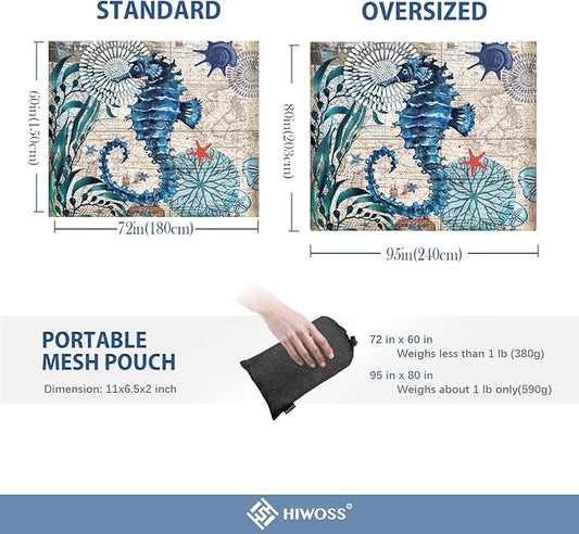 Beach Blanket Waterproof Sandproof Oversized 95”x 80”,Sand Free Beach Mat with Corner Pockets,Portable Mesh Bag for Beach Festival,Picnic,Travel and Outdoor Camping (Seahorse)