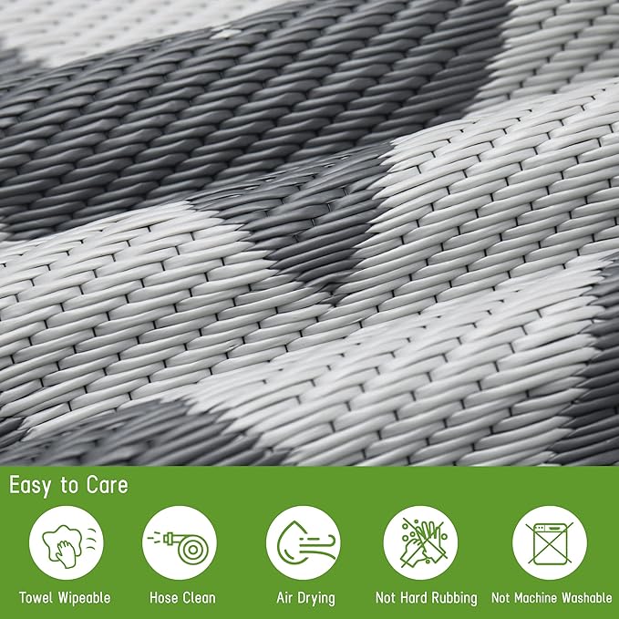 Easy-Going Reversible Outdoor Rugs 4x6ft Waterproof Plastic Straw Rug Stain & UV Resistant Floor Mat for Patio Porch RV Backyard Pool Deck Picnic Beach Trailer Camping (Waved Grey & Light Grey)