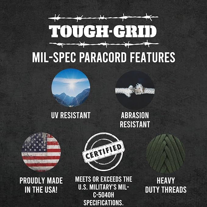 TOUGH-GRID Premium Red Paracord 550 lbs Made in USA Outdoor Survival Nylon Rope Tactical Heavy Duty Strands Parachute Cord Used by US Military Type III Mil-Spec