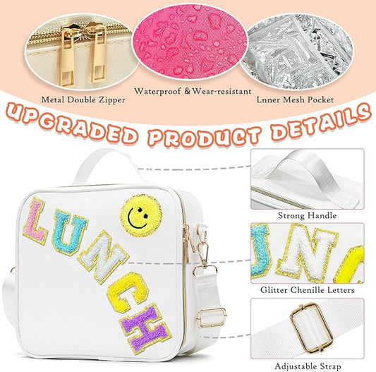 Insulated Lunch Bag Women Lunch Box Kids for Teen Girls Boys, Cute Preppy Lunch Boxes With Adjustable Shoulder Strap, Waterproof Nylon Lunchbox Lunch Bags for School Work Picnic (White)