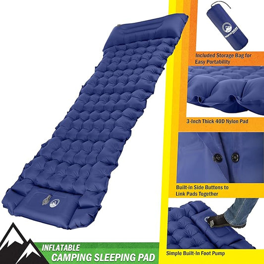 Wakeman Sleeping Pad for Camping - Inflatable Mat with Built-in Foot Pump - Waterproof Camp Mattress - Camping Gear Must Haves Outdoors (Blue)