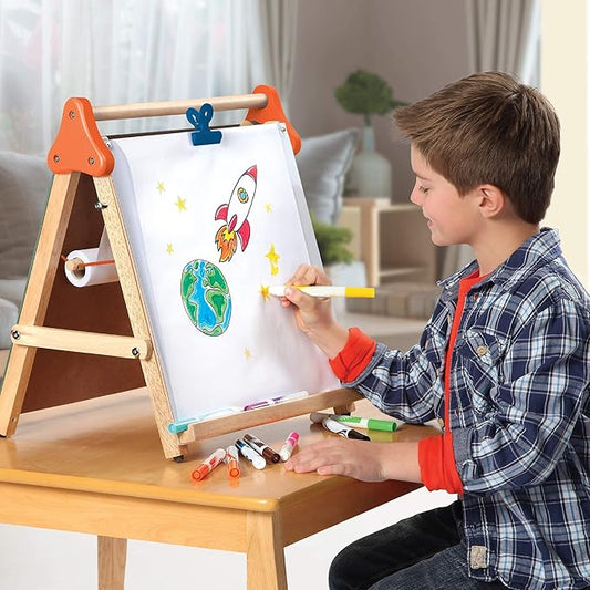Discovery Kids 3-in-1 Tabletop Dry Erase Chalkboard Painting Art Easel, Includes Paper Roll and Oversized Clip, 17 x 15 Inch Wood Frame, Perfect for Children 3+ | Foldable/Portable for Countertop Play