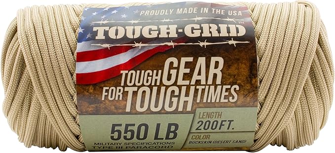 TOUGH-GRID Premium Buckskin Paracord 550 lbs Made in USA Outdoor Survival Nylon Rope Tactical Heavy Duty Strands Parachute Cord Used by US Military Type III Mil-Spec