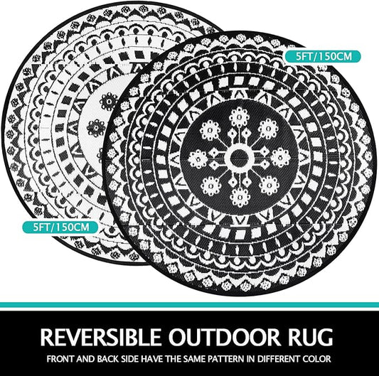 Capslpad 5Ft Round Outdoor Rug for Patio Reversible Mat Waterproof Plastic Straw Rug Boho Circle Indoor Outside Area Rug for RV Camping Picnic Pool Tent Balcony Beach Deck Doormats Decor, Black