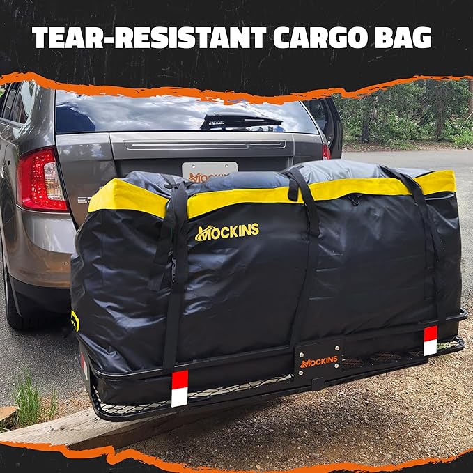 Mockins 20 CuFt Waterproof Cargo Bag for Hitch Carrier | 60x20x29 Weatherproof Trailer Hitch Cargo Carrier Bag for Truck Bed Storage |500D PVC Vehicle Soft-Shell Carriers Car Bag w/Waterproof Zipper