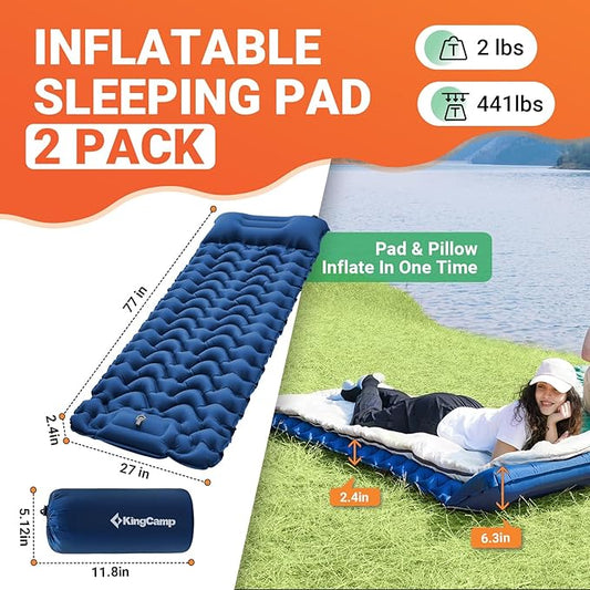 KingCamp Sleeping Pad for Camping, Inflatable Sleeping Pad Ultralight Connectable Camping Mattress with Pillow Built-in Foot Pump for Backpacking Hiking Tent Cot