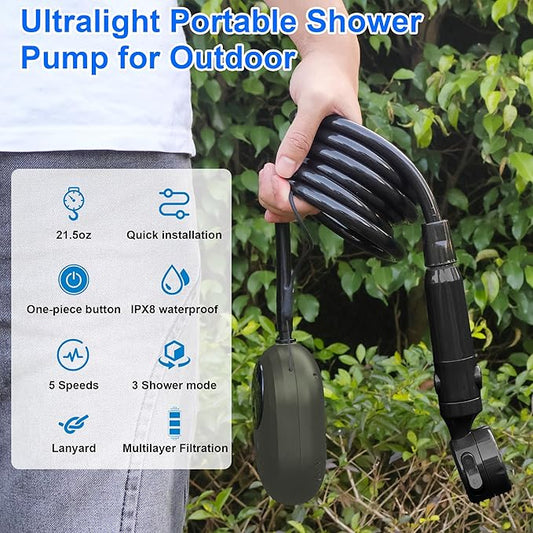 Lightweight Portable Camping Shower, 6000mAh Rechargeable Outdoor Shower Pump with 5 Pressure Modes, Filtered Shower Head, Temperature & Power Display for Hiking, Travel, Washing, Emergency