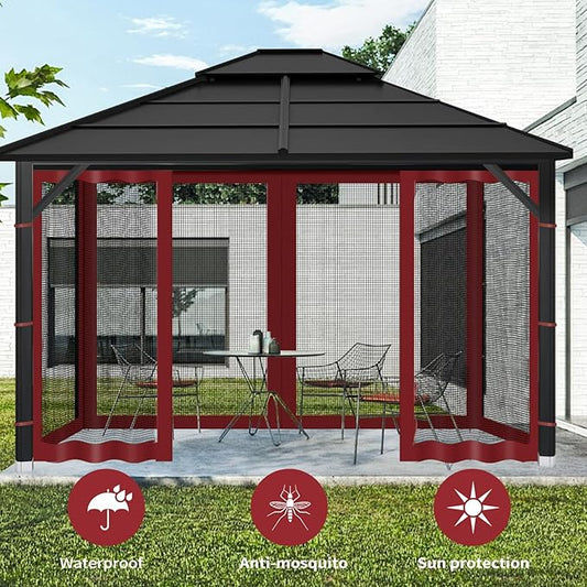 Gazebo Replacement Mosquito Netting Outdoor Universal Gazebo Canopy 4-Panels Screen Sidewalls with Zipper for Patio Garden (Red, 10x12)
