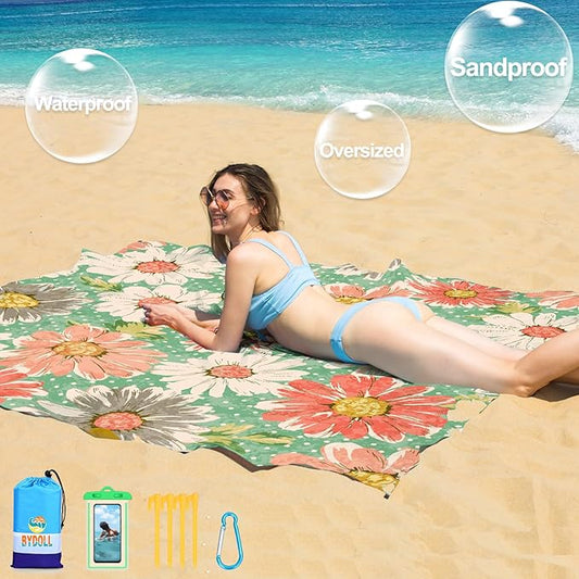 BYDOLL Beach Blanket 78''X81'' 4-7 Adults Oversized Lightweight Waterproof Sandproof Blanket for Beach Large Picnic Mat Travel Camping