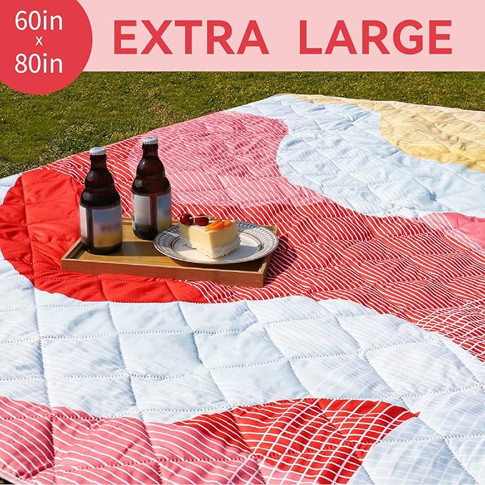 Whale Flotilla Extra Large Waterproof Picnic Blankets 60"x80", Foldable Lightweight Outdoor Blanket for Camping, Hiking, Traveling, Soft Portable Easy to Clean Picnic Mat for Beach Grass Park, Red