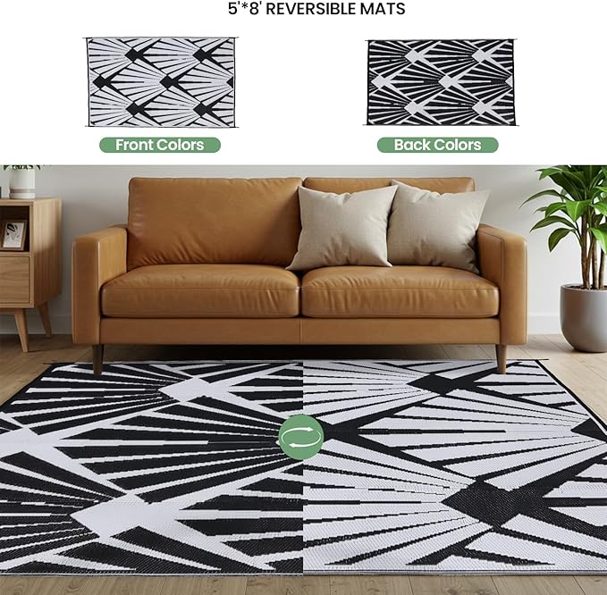 Outdoor Rug for Patio, 5x8 Ft Reversible Outdoor Plastic Straw Rug Waterproof Foldable Camping Mat with Uv Protection, Quick-Dry Straw Patio Carpet for Deck Rv Porch Backyard - Black&White