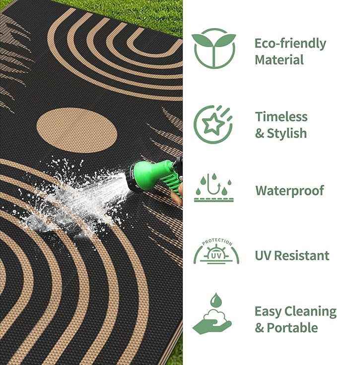 GENIMO Outdoor Rug 5' x 8' Waterproof for Patios Clearance, Reversible Outdoor Plastic Straw Camping Rug Carpet, Large Area Rugs Mats for RV, Camper, Deck, Balcony, Porch, Beach, Picnic, Black&Brown