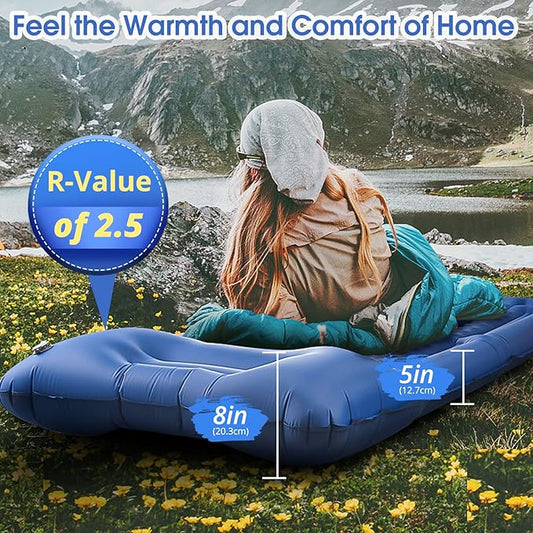 Camping Sleeping Pads,Extra Thick 5 Inch Inflatable Sleeping Mat with Pillow Built-in Pump,Oversized Mattress Super Portable Backpacking Sleeping Pad (Blue, Single)
