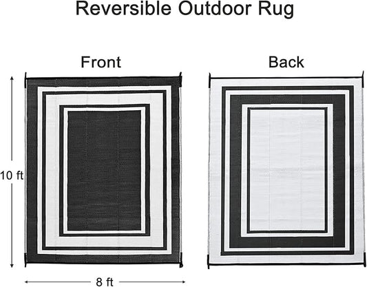 RURALITY Outdoor Rugs 8x10 Waterproof for Patios Clearance,Plastic Straw Mats for Backyard,Porch,Deck,Balcony,Reversible,Black and White