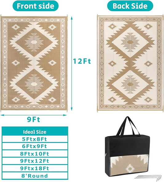 HEBE Outdoor Rug 9'x12' for Patios Clearance Waterproof Patio Mat Plastic Straw Rug Reversible RV Camping Tent Rug Outside Indoor Outdoor Area Rugs for RV,Deck,Beach,Balcony,Camper