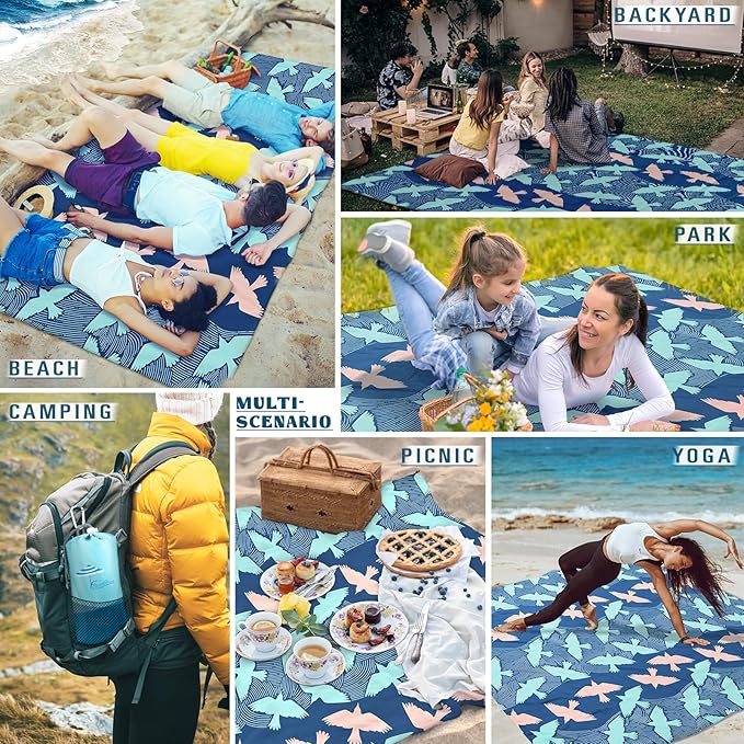 Beach Blanket Sandproof Waterproof 78''ร81''1-5Adults Oversized,Compact Lightweight Durable Beach Mat for Travel Camping Hiking Picnic Blanket