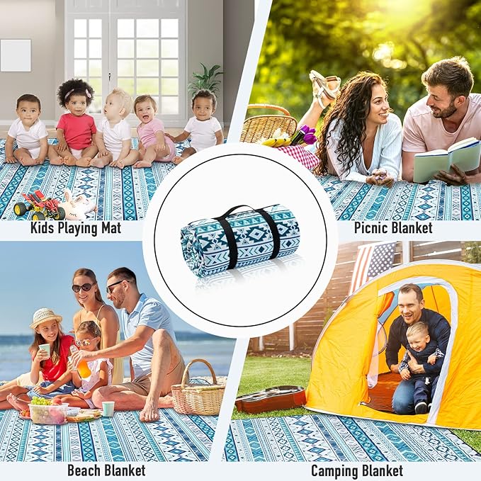 PY SUPER MODE Picnic Blankets Extra Large, Waterproof Foldable Outdoor Beach Blanket Oversized 83x79” Sandproof, 3-Layer Picnic Mat for Camping, Hiking, Travel, Park, Concerts(Teal Boho)