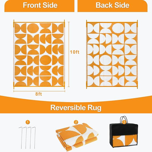 Wonnitar Outdoor Rugs 8x10 Waterproof Plastic Straw Rug, Large Outdoor Camping Rug for RV, Reversible Portable Outside Lightweight Area Rug for Backyard Balcony Beach Picnic (Orange,8'x10')