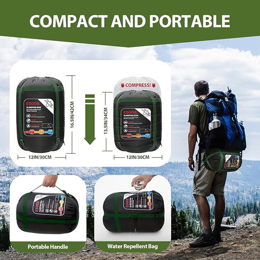 Adult Kids Sleeping Bag - All Season Warm/Cold Weather Lightweight for Camping & Hiking - Compact w/Compression Sack - Portable for Backpacking Travel Indoor - Unisex Boy Girl Man Woman