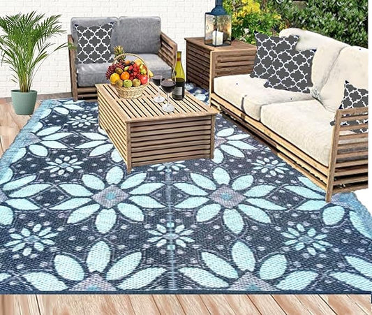 BalajeesUSA Outdoor Rug - 5x7 Sky Blue, Black, Grey, Reversible Recycled Plastic Straw Outdoor Patio Rugs Clearance Waterproof Large RV Camper Mats 287