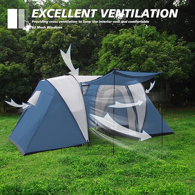 2 Room Family Camping Tent with Porch, Weatherproof Camping Shelter with Rainfly, 2-4 Person Easy Set Up Dome Tent for Outdoor, Picnic, Hiking