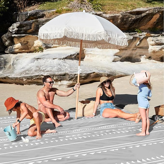 110''×118'' Extra Large Beach Blanket for 8 Adults, Outdoor Beach Mat Sand Free Waterproof with 4 Stakes & 4 Corner Pockets, Polyester Lightweight Foldable Grey Picnic Mat for Travel, Camping, Hiking