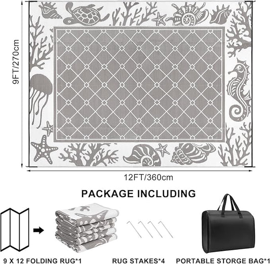 Vaukki Reversible Rugs, Plastic Straw Outdoor Doormat, Fade Resistant Plastic Outdoor Patio Mat, Lightweight Ocean Area Carpet for Patio, RV, Camping, Beach, Deck, Backyard and Picnic (Grey, 9'x12')