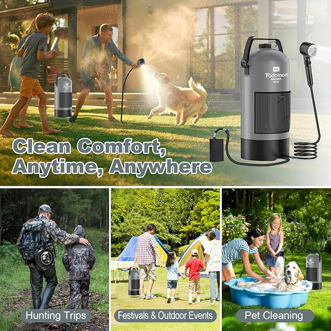 Portable Shower for Camping, 5 Gal/20 L Solar Heating Camping Shower Bag with Shower Pump, Portable Shower Head, Essential for Camping,Festivals, Overlanding, Beach Trips,Outdoor Showers