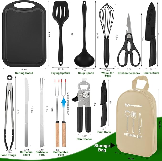 Camping Essentials Cookware Cooking Utensils Set - Portable Camp Kitchen Mess Kit Outdoor Accessories, Stainless Steel & Silicone, Camping Gear Equipment for RV Picnic Grill