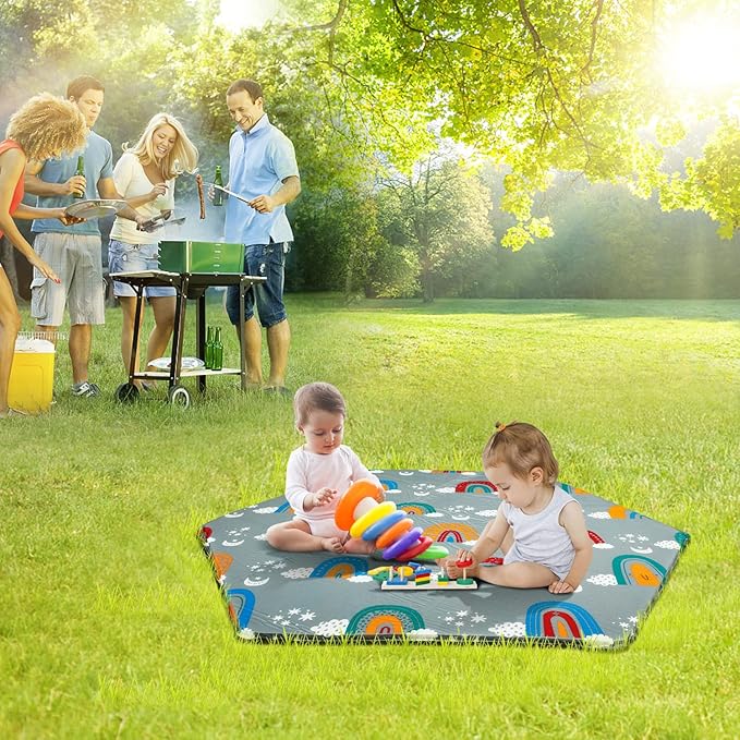 Hexagon Playpen Mat, Compatible with Regalo Play Yard and hiccapop PlayPod Portable Playpen, Self Inflatable Mattress Pad, Portable and Comfortable Play Yard Mat with Carry Case - Rainbow
