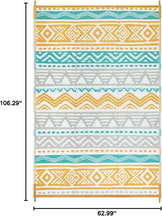 Lahome Waterproof Outdoor Rug 6x9, Reversible Outdoor Plastic Straw Rug for Camping, Large RV Outdoor Patio Rug, Outdoor Rugs Carpet for Porch Deck Backyard Balcony Picnic(Blue/Yellow,6'x 9')