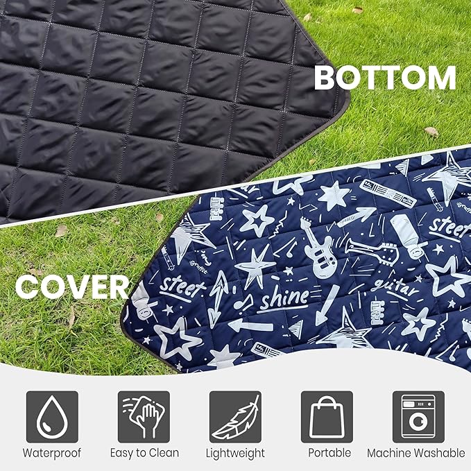 Waterproof Outdoor Blanket, 78.7x55inch, Printed Large Picnic Blankets, Foldable Picnic Mat, Camping Blanket for Picnic, Grass, Park, Lawn, Beach - Star and Guitar