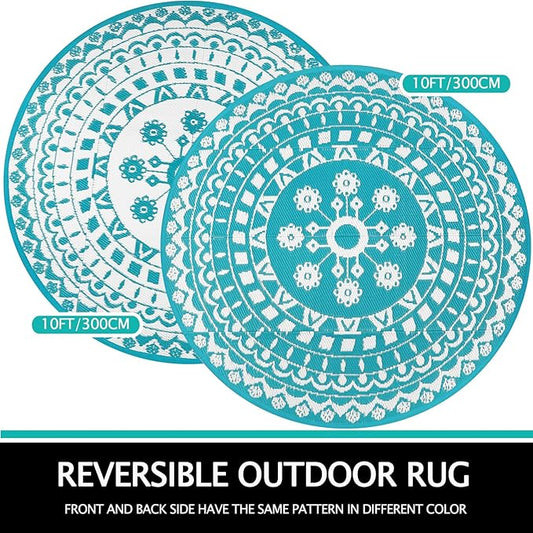 Capslpad 10Ft Round Outdoor Rug for Patio Clearance Boho Reversible Mat Waterproof Outdoor Plastic Straw RV Camping Rug Outside Circle Area Rug for Porch Deck Terrace Picnic Beach Apartment, Teal