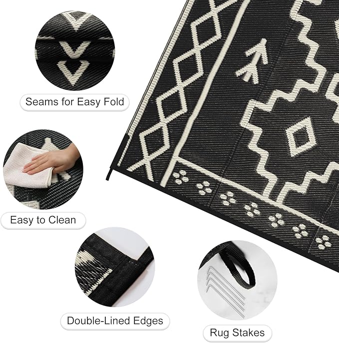 Uphome Outdoor Rugs 8x10 Waterproof, Reversible Black Boho RV Camping Rug, Patio Plastic Straw Outside Rug, Large Foldable Outdoor Mat Carpet for Backyard Deck Pool Balcony Picnic Beach, 8'x10'