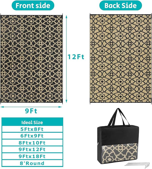 HEBE Outdoor Rug 9'x12' for Patios Waterproof Clearance Reversible Patio Mat Plastic Straw Rug RV Camping Mat Outside Area Rug Carpet for Camping RV,Porch,Deck,Balcony,Camper,Backyard
