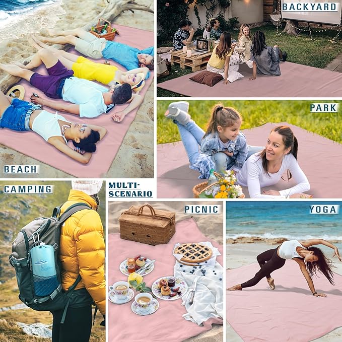Beach Blanket Sandproof Waterproof 78''ร81''1-5 Adults Oversized,Compact Lightweight Durable Beach Mat for Travel Camping Hiking Picnic Blanket