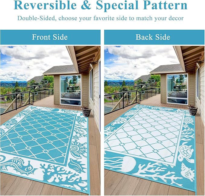 Vaukki Reversible Rugs, Plastic Straw Outdoor Doormat, Fade Resistant Plastic Outdoor Patio Mat, Lightweight Ocean Area Carpet for Patio, RV, Camping, Beach, Deck, Backyard and Picnic (Teal, 5'x8')