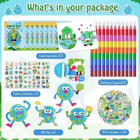 Cinrobiye 72 Pcs Earth Day Party Favors Gifts,Save the Planet Coloring Books with Stacking Crayons,Earth Party Crafts DIY Kit,Travel Party Stickers World Environment Day Decorations for Classroom