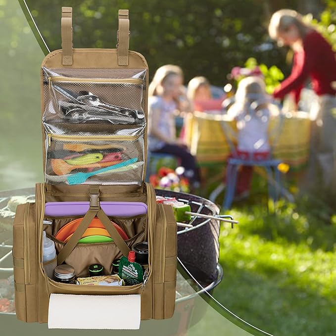 Large Tactical Camping Kitchen Organizer, Hanging Cookware Storage Bag with Paper Towel Holder & Multi Pockets, Portable Camp Utensil Organizer for BBQ Cooking Essentials, Khaki, Bag Only