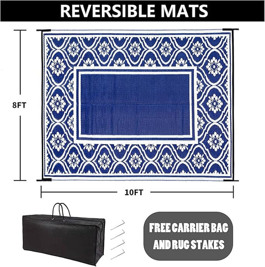 Outdoor Rug 8x10 Patio Waterproof Mat Camping Carpet Outside Area Rug Reversible Light Blue Rugs for RV Deck Entryance Porch Picnic Balcony Beach