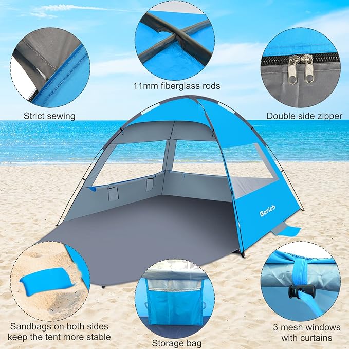 Gorich Beach Tent Sun Shelter for 3/4-5/6-7/8-10 Person with UPF 50+ UV Protection, Lightweight & Easy Setup Beach Shade Canopy, Portable Beach Shade Tent Beach Cabana