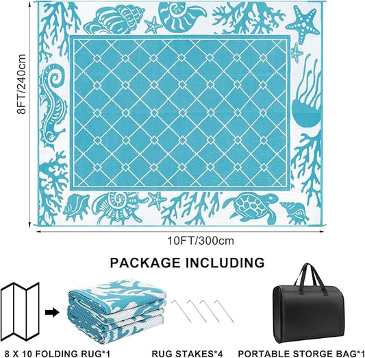 Vaukki Reversible Rugs, Plastic Straw Outdoor Doormat, Fade Resistant Plastic Outdoor Patio Mat, Lightweight Ocean Area Carpet for Patio, RV, Camping, Beach, Deck, Backyard and Picnic (Teal, 8'x10')