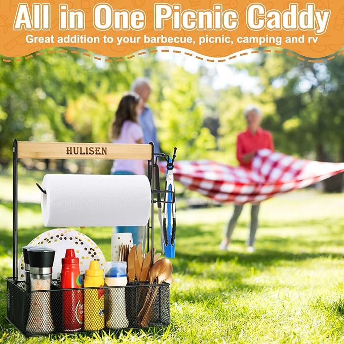 HULISEN Grill Caddy for Outdoor Grill, BBQ Caddy with Paper Towel Holder for Plates, Silverware, Utensils - Picnic & Barbeque & Camping Essentials Accessories for Tailgating, Camper, RV, Backyard
