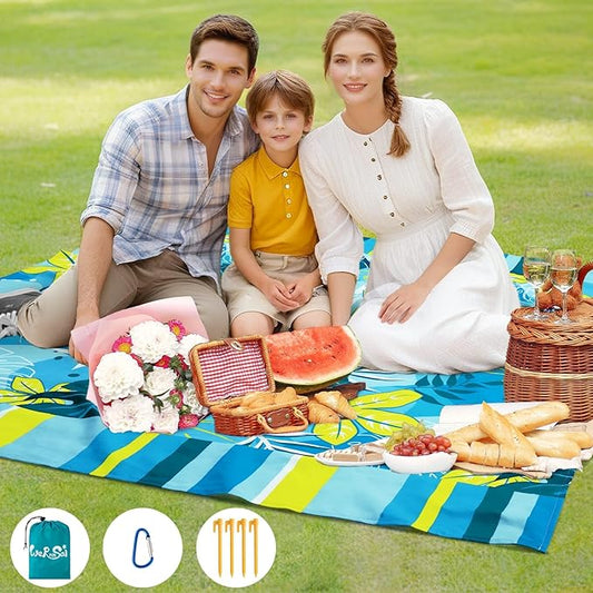 WERNNSAI Beach Blanket Waterproof Sandproof - Extra Large Beach Mat 79" x 83" Sand Free with 4 Stakes Pockets Quick Dry Lightweight Blue Plant Pattern Picnic Mat for Beach Party Camping