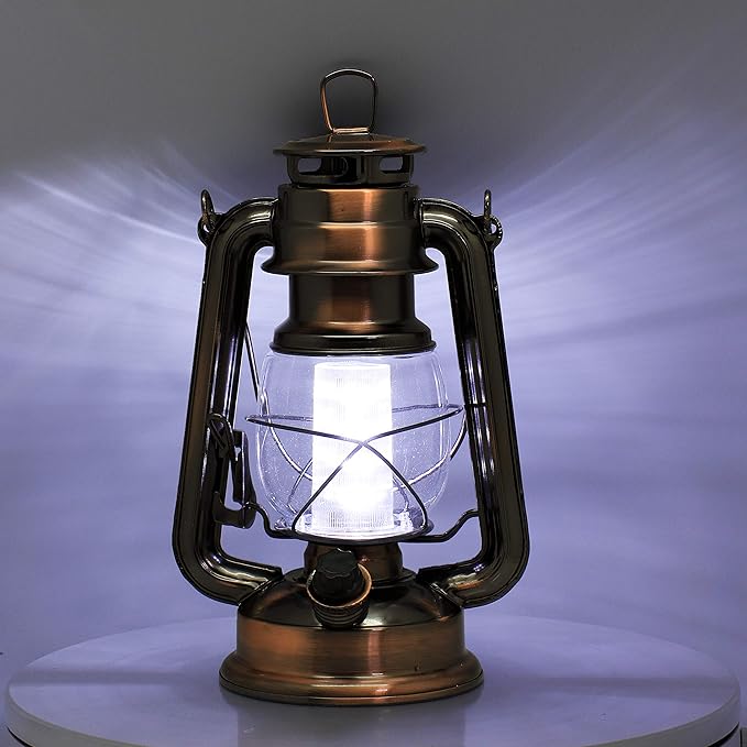 YAKii LED Vintage Lantern Metal Hanging Hurricane Lantern 12 LED Dimmer Switch Cold White Battery Operated Power Outage Indoor Camping Lighting Outdoor Brooklyn Decoration(Copper)