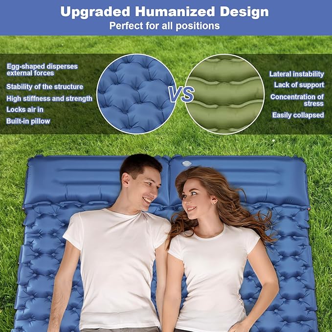 CAMULAND Camping Mattress 2 Person, Double Sleeping Pad for Camping Mat Inflatable Air Bed with Pillow Built-in Foot Pump Backpacking Hiking Traveling Gear Compact Self Inflating